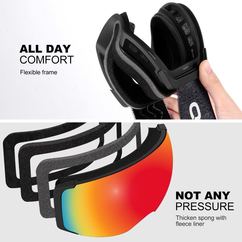 Odoland Magnetic Interchangeable Ski Goggles with 2 Lens, Large Spherical Frameless Snow Snowboard Goggles for Men Women, Black Frame Blaze Lens vlt15% - Image 5